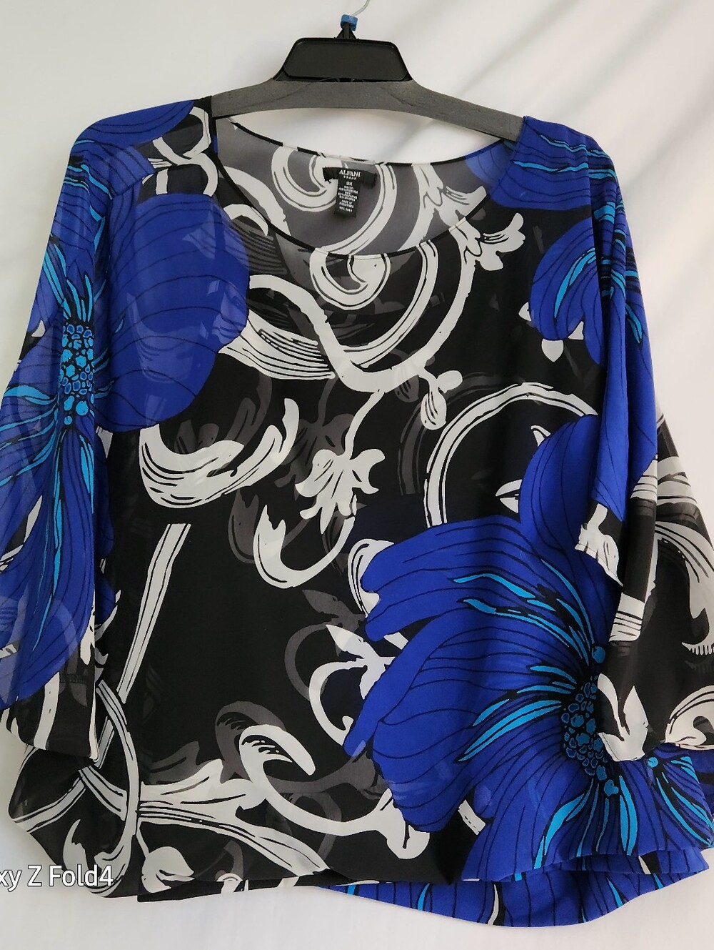 Alfani Black Blouse with Bold Blue Floral Print